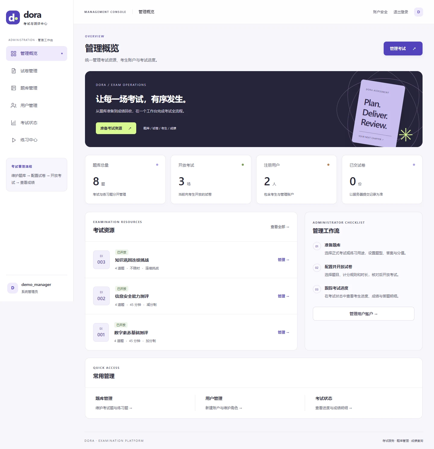 Dora 管理工作台,集中展示题库、试卷和考试进度入口