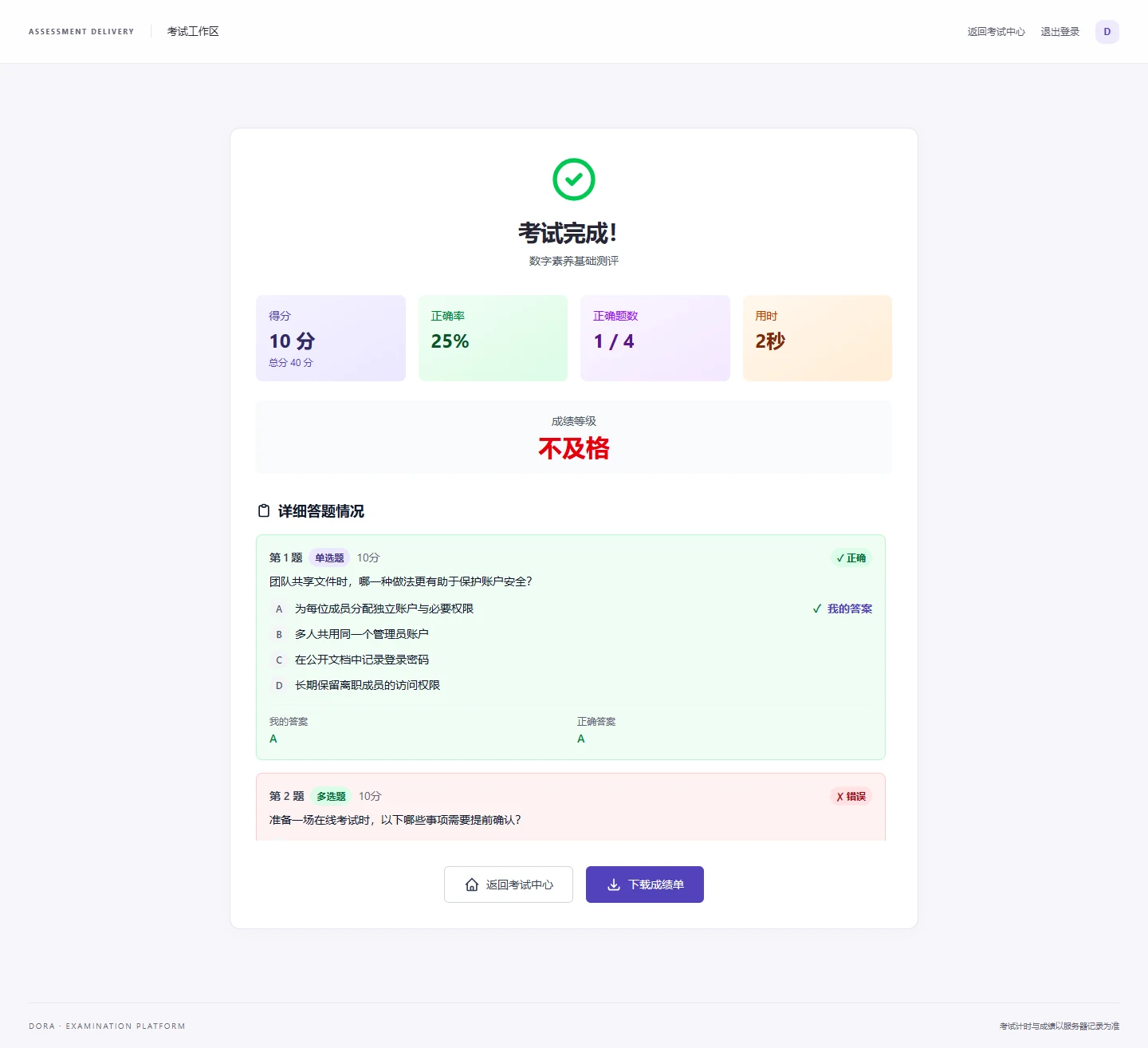 考试完成页面,展示演示成绩与逐题作答结果